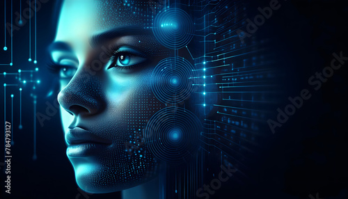 Futuristic female cyborg with digital data visualization and neural network connections, signifying advanced technology and artificial intelligence.