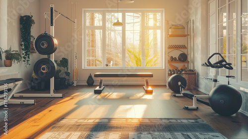 A vibrant home gym with an empty canvas wting to inspire fitness enthusiasts, surrounded by walls pnted in sunshine white, creating a bright and energizing environment that motivates individuals to  photo