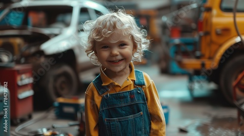 Beautiful Child Boy In Overalls Repairing Car In Service Station