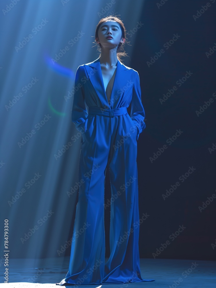 Fashionable Chinese Girl Standing, Blue Suit