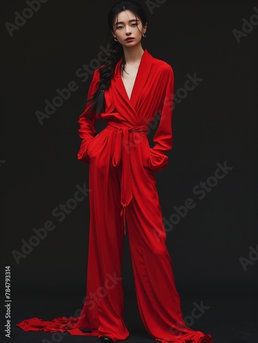 Fashionable Chinese Girl Standing, Red  Suit