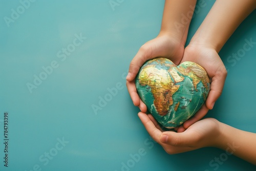 Hands Holding A Heart Shaped World Map On A Blue Background