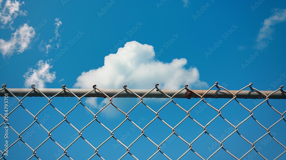 Сlouds in the blue sky behind an open chain link fence. Background. Generated by artificial intelligence. Сlouds in the blue sky behind an open chain link fence. Background. Generated by artificial intelligence.