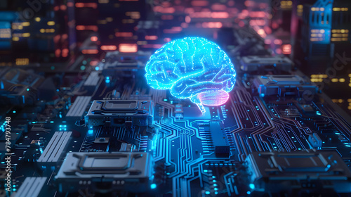 Illuminated brain on a circuit board depicts AI and machine learning concepts, intricate circuit board, symbolizing advanced artificial intelligence, machine learning, and futuristic technology.