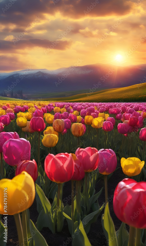 A field of blossoming flowers Tulips, against the background of evening sunset