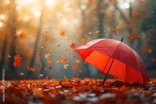 Beautiful autumn background landscape. Carpet of fallen orange autumn leaves in park and red umbrella. Leaves fly in wind in sunlight. Concept of Golden autumn. photo