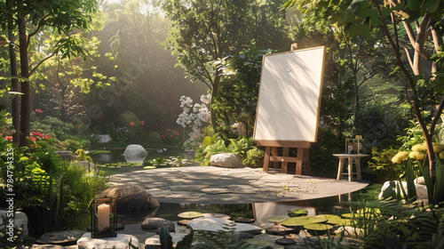 A serene garden with an empty canvas as a centerpiece, bathed in sunshine white light, providing an inspiring outdoor space where individuals can connect with 