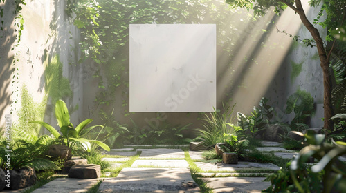 A serene garden with an empty canvas strategically placed, bathed in sunshine white light, providing an inspiring outdoor space where individuals can connect with nature 