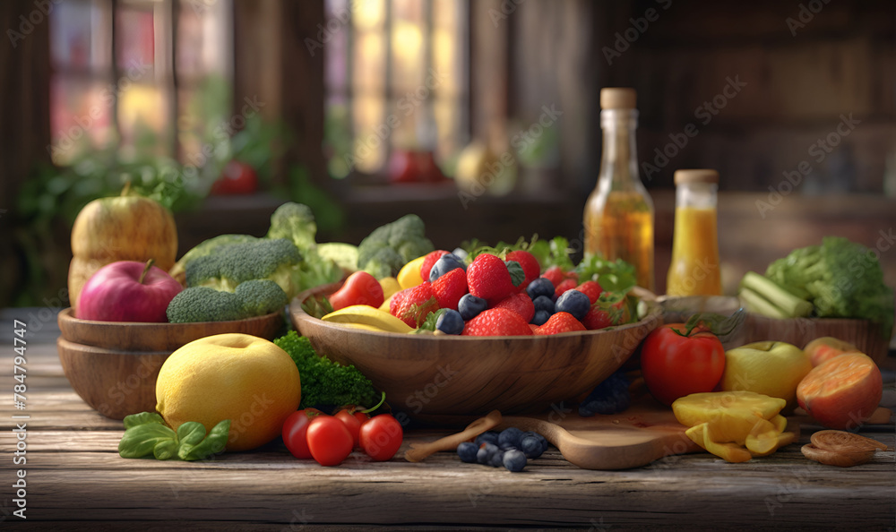 Various vegetables, berries, fruits on the kitchen table Various vegetables, berries, fruits on the kitchen table