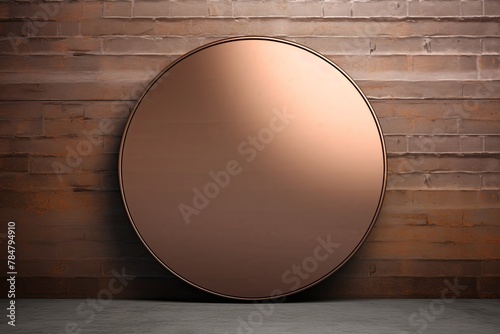Brown large metal plate with rounded corners is mounted on the wall. It is a 3d rendering of a blank metallic signboard in a copper color with reflections on an industrial concrete background