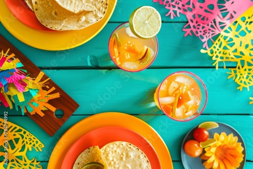 A colorful flat lay featuring a traditional Mexican sombrero, citrus fruits like oranges and limes, tropical palm leaves, and refreshing orange beverages. photo