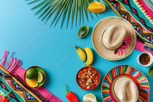 A colorful flat lay featuring a traditional Mexican sombrero, citrus fruits like oranges and limes, tropical palm leaves, and refreshing orange beverages. photo