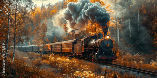 Vintage steam train chugging through dense forest with billowing smoke from chimney, nostalgic transportation concept in nature setting