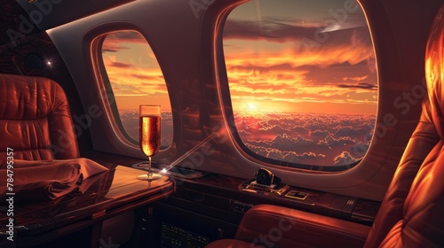 Passenger Enjoyment: Show passengers inside the private jet, enjoying the sunset view through large windows, sipping champagne, or relaxing in luxurious seating. Generative AI
