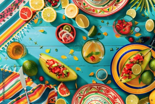 A colorful flat lay featuring a traditional Mexican sombrero, citrus fruits like oranges and limes, tropical palm leaves, and refreshing orange beverages. photo