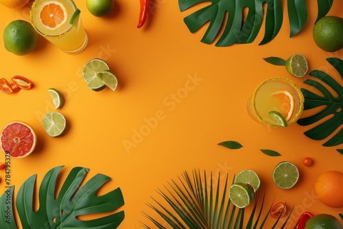 A colorful flat lay featuring a traditional Mexican sombrero, citrus fruits like oranges and limes, tropical palm leaves, and refreshing orange beverages. photo