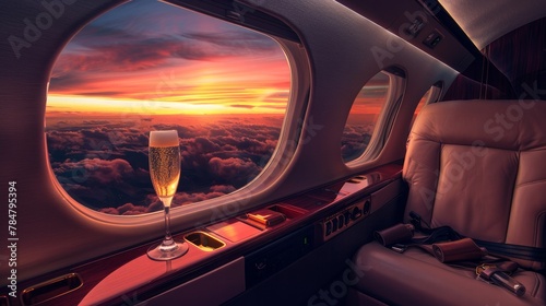 Passenger Enjoyment: Show passengers inside the private jet, enjoying the sunset view through large windows, sipping champagne, or relaxing in luxurious seating. Generative AI photo