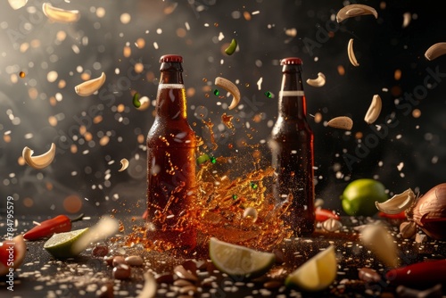 bottles of beer are captured mid-air with an explosion of flavor elements, including sliced limes and vibrant red chili peppers, against a dark background