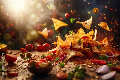 A vibrant explosion of Mexican nachos captured in motion, showcasing the colorful ingredients