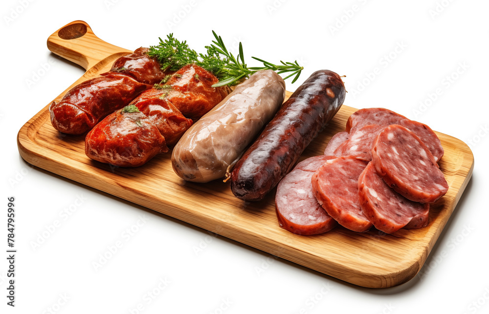 Variety of deli meats artistically arranged on a wooden cutting board. Perfect for savory appetizers and gourmet cuisine. Variety of deli meats artistically arranged on a wooden cutting board. Perfect for savory appetizers and gourmet cuisine.