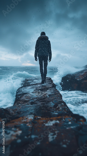 A person standing on a rock in the ocean