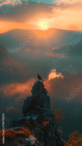 A bird is perched on a rock overlooking a river