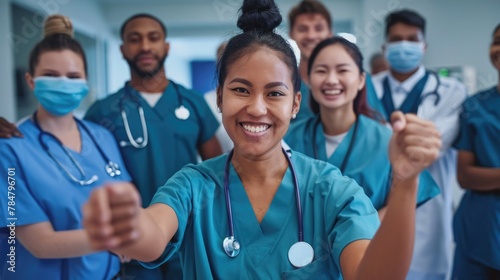 Diverse medical team in scrubs celebrates World Blood Donor Day with joy. World Blood Donor Day