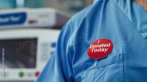 'I Donated Blood Today' sticker adds pride to a blue shirt, in a pristine donation site setting. World Blood Donor Day photo