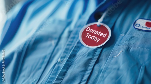 A gentle hand places a 'I Donated Blood Today' sticker on a shirt, with a professional background. World Blood Donor Day photo
