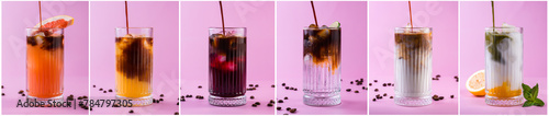 collection of summer cold coffee drinks and matcha on a pink background
