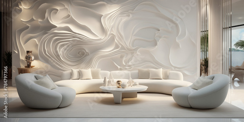 A contemporary lounge area with white color unique seating options and artistic wall decorations. 