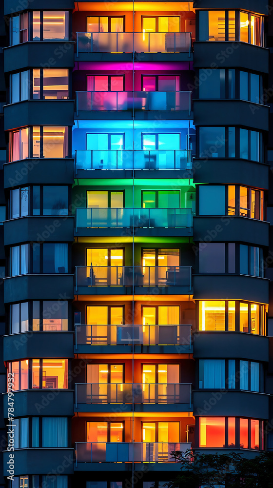Glass buildings with multicolor lights at night in the city. Apartment building.
Glass buildings with multicolor lights at night in the city. Apartment building.