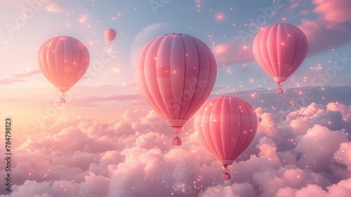 A fantasy scene with hot air balloons floating gently among soft pink clouds under the glow of a magical sunset.
