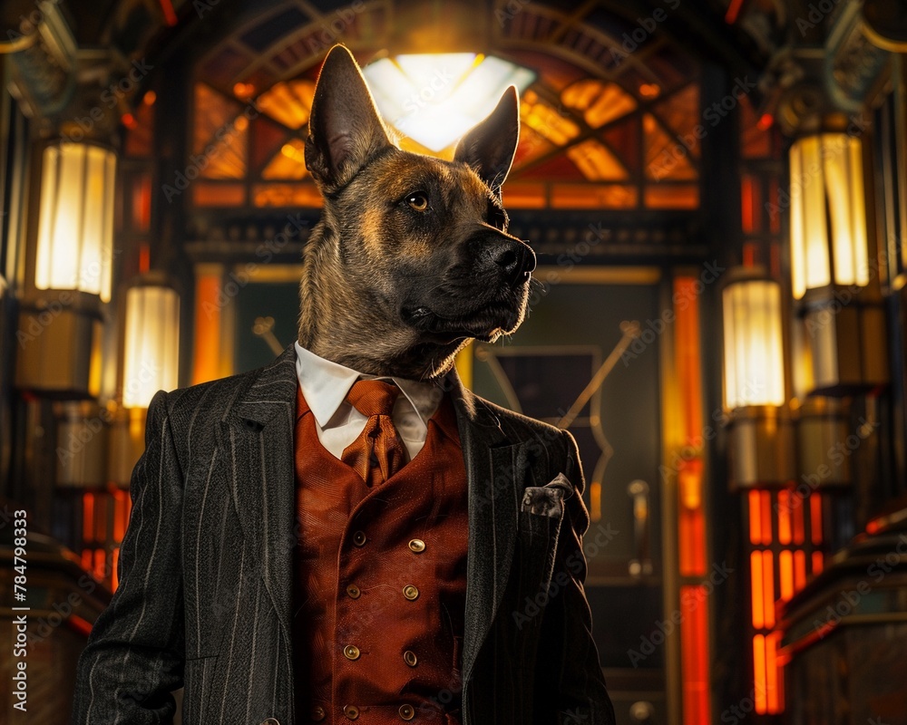 Slick mafia dog, Art Deco environment, sharp suit, detailed view, under streetlamp light