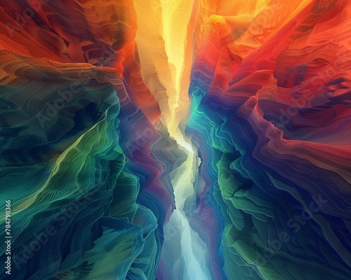 Abstract digital canyon with medieval art influences, surreal colors, top view, ethereal glow