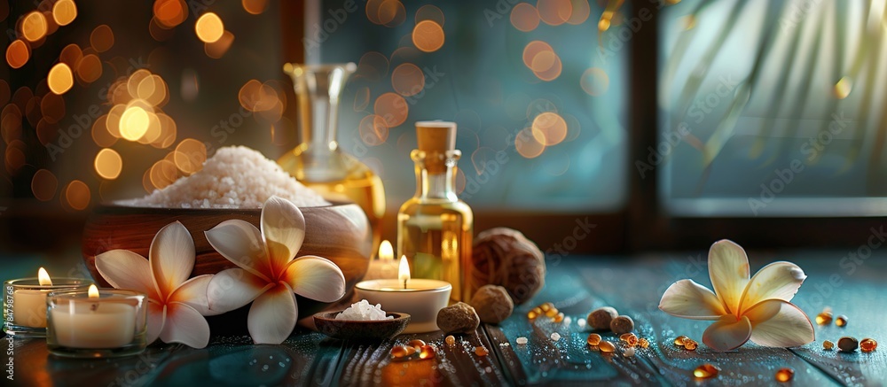 Spa massage background with candles, frangipani flowers, oil bottle, bowl with salt and herbal balls. Body cosmetic beauty care spa treatment to relax. copy space for add text.