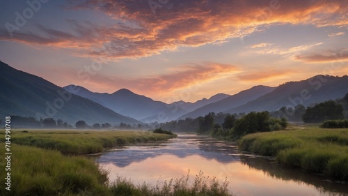 Serene river, reflecting hues of breathtaking sunset, meanders gracefully through lush valley nestled between majestic mountains. Sky, painted with strokes of orange, pink, purple.
