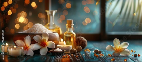 Spa massage background with candles, frangipani flowers, oil bottle, bowl with salt and herbal balls. Body cosmetic beauty care spa treatment to relax. copy space for add text. © Mas