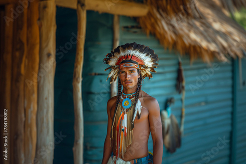 A man wearing a headdress and a shirtless shirt stands in front of a blue building. The man is dressed in traditional Indian clothing, and he is proud of his heritage. Concept of cultural pride photo