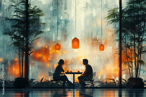 A couple is sitting at a table in a restaurant, with a view of the outside. Scene is romantic and intimate