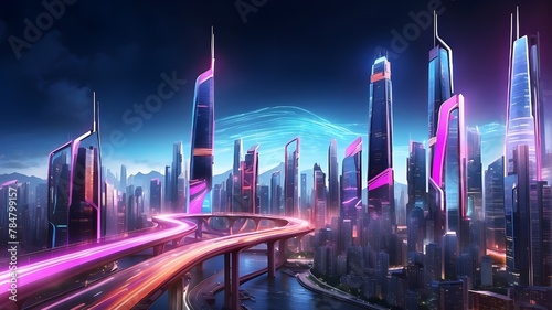 Speed light trails wind through a clever, contemporary megacity and a village of skyscrapers with futuristic neon lighting, virtual reality, and motion photo