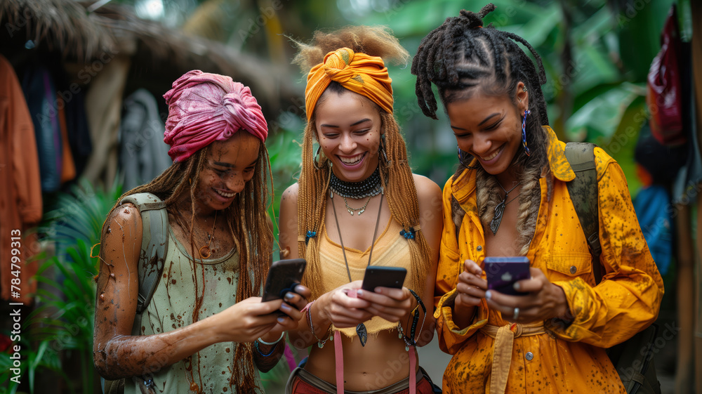 Three women with dreadlocks are smiling and looking at their cell phones. They are wearing yellow clothing and are surrounded by plants
