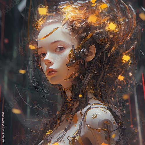 Android girl with beautiful face, variety of wires with lights around her head. Cyborg bionic girl on dark background. Android robotic synthetic female, cyberpank humanoid concept