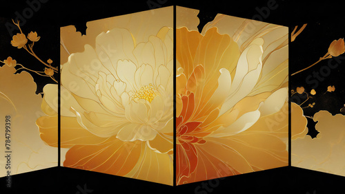 金屏風と花の絵　AI画像　ジェネレーティブAI