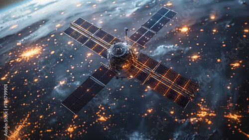 Datum hologram information for online and internet connection and gps space orbit services banner, telecom communication satellite orbiting around the globe earth with futuristic technology © Aleksandr Matveev