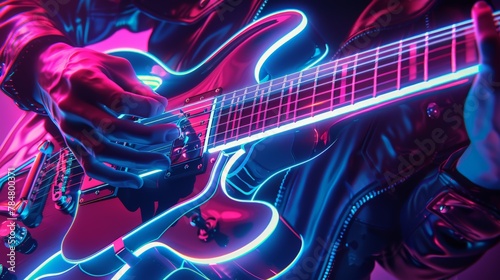 A digital guitar glowing with neon strings, rock and roll, music theme, wallpaper illustration