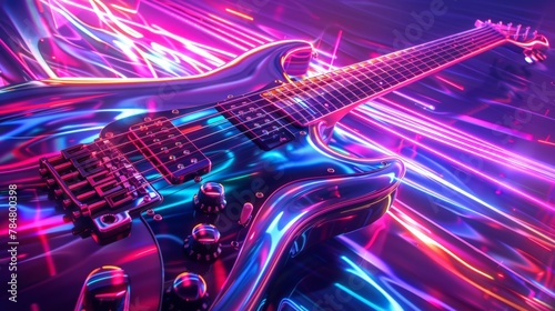 A digital synthwave guitar emitting neon sound wave, purple theme, wallpaper illustration photo