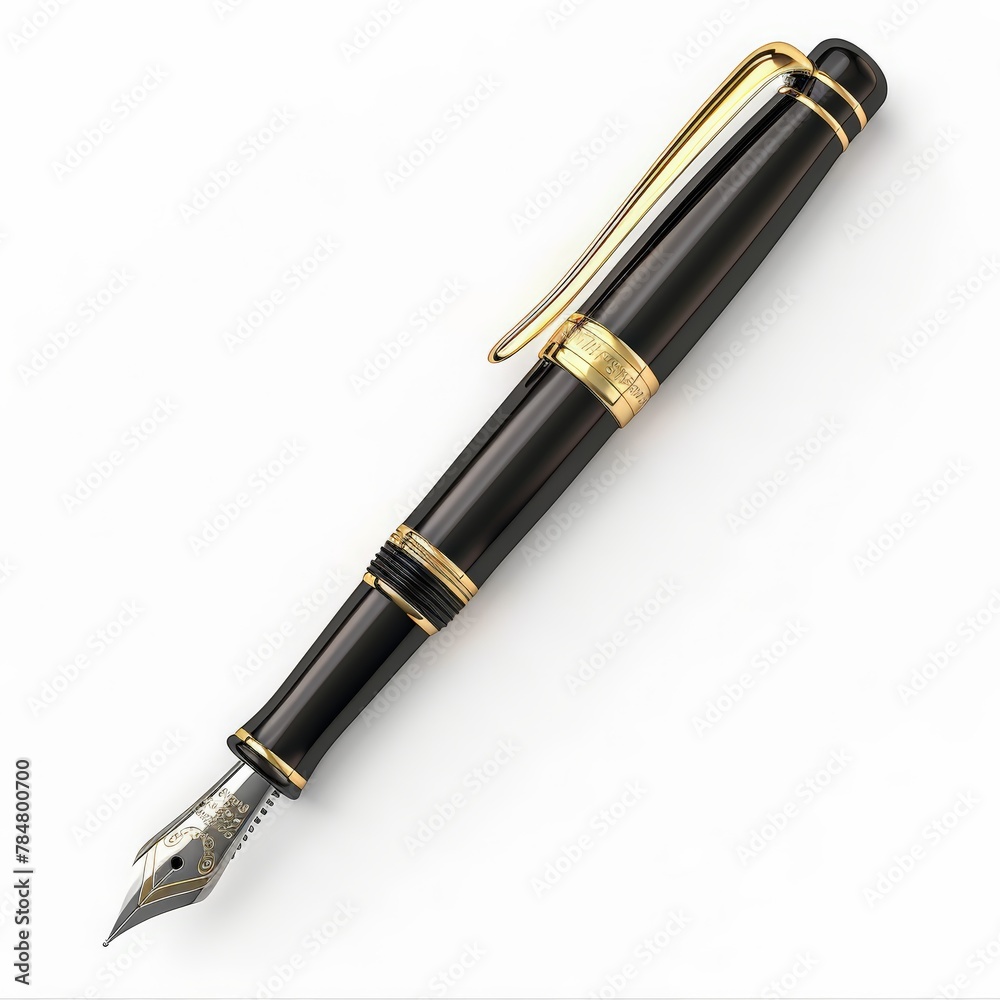 Fountain Pen on White Background, Gold and Silver Ballpoint with Black Ink, Isolated Writing Tool for Business, Office, and Education Fountain Pen on White Background, Gold and Silver Ballpoint with Black Ink, Isolated Writing Tool for Business, Office, and Education