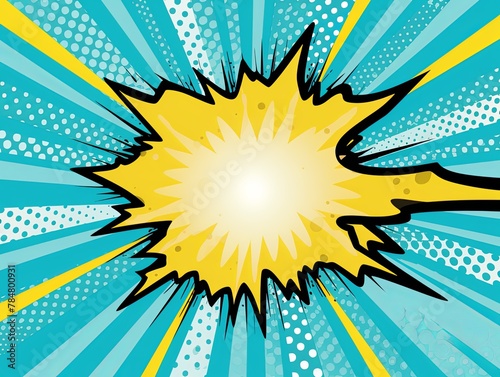 Cyan background with a white blank space in the middle depicting a cartoon explosion with yellow rays and stars. The style is comic book vector