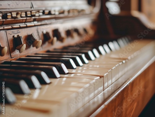 Vintage wood piano instrumental, creating beautiful music, selective focus photo